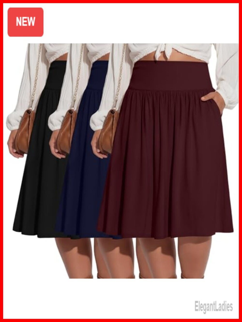 Plus Size A-Line Midi Skirt 3 Pack Flared Pleated Pockets Stretchy